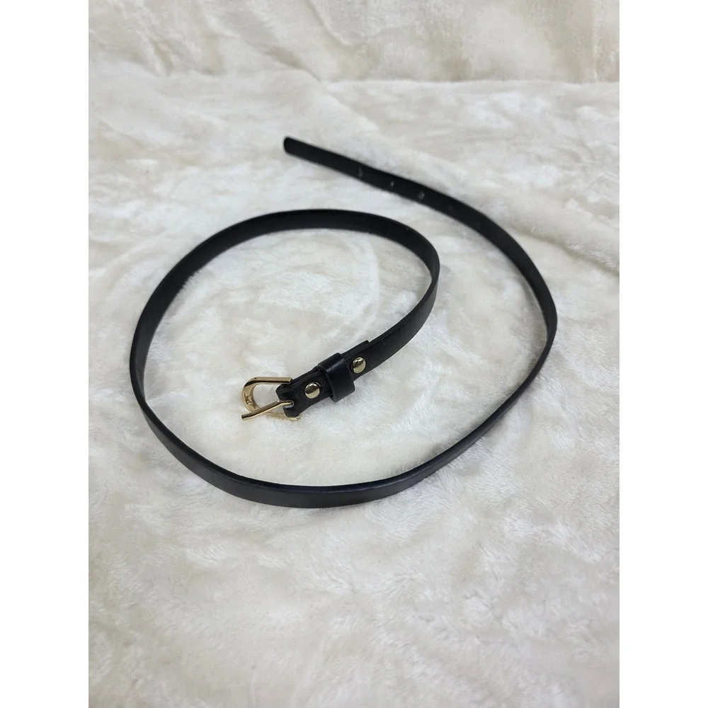 Womens Black Faux Leather Skinny Belt‎ Gold Buckle Adjustable Size 10